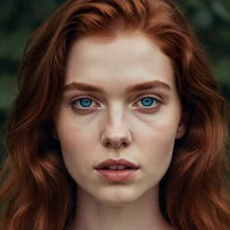 close up portrait photograph of a thin young redhead woman with russian descent, with deep blue eyes. Wavy long maroon colored hair. she looks directly at the camera. Slightly open mouth, with a park visible in the background. 55mm nikon. Intricate. Very detailed 8k texture. Sharp. Cinematic post-processing. Award winning portrait photography. Sharp eyes.