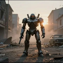 a film still of a maschinen krieger mech in a war torn city street at sunset, wide shot, filmic, film grain, low lying fog, lens flare, vignette, long shot