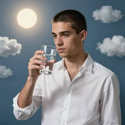 portrait of a ( ( ( glass of water ) ) ), ( ( bellaco guapo joven cubano pelo buzzed camisa blanca ) ), nubes y magia, el sol, concept character, by greg rutowski and mucha and bierstadt and remington, trending on artstation