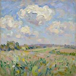 oil paint impasto reliefs summer sussex fields, atmospheric, painted with expressive paint and cumulus clouds, some splattered paint, in the style of signac
