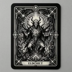 black paper + tarot card + eldritch god, vintage detailed sci-fi illustration designed by Marc Simonetti and Mike Mignola + psychedelic black light style + intricate ink illustration + symmetry + bloodborne,