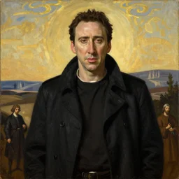 Nicolas Cage in a black coat, religious masterpiece portrait, oil on canvas, golden hour, in the world of Andrew Wyeth and Bloodborne, artstation, by J. C. Leyendecker and Peter Paul Rubens,