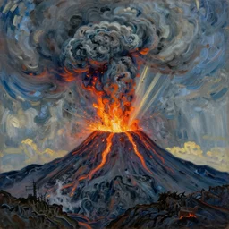 volcano eruption, plumes of smoke and ash, rays of sunlight, dramatic lighting, dynamic view, by vincent van gogh, oil painting, masterpiece