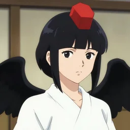 portrait of female crow tengu journalist aya shameimaru with short black hair topped with tiny red hexagonal tokin hat, has black wings, wearing a white shirt and a black and autumn leaf patterned skirt, 4 k digital illustration by artgerm, wlop, james jean, andrei riabovitchev, marc simonetti, yoshitaka amano, artstation, cgsociety