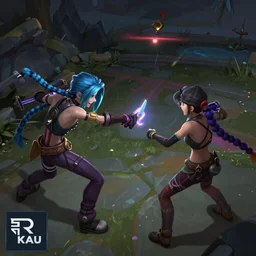 a dark scenery with a battle of Jinx versus lit Ekko, Arcane, Riot Games, particles, trending on Artstation, concept art, smooth, sharp focus, illustration, award winning