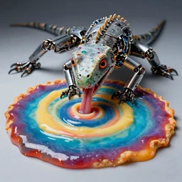 the rhythmic rattling of a mechanical reptile, his shadow is a wraith who feasts on sweets. a paradoxically sweet - scented colorful concotion laid out to trap the beast with cyanide hidden in its sauce. the mess of pie stains the beast's nostrils as it devours in textural and subliminal hypnotic spirals, lashing its tongue