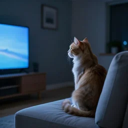 cat sitting on sofa watching TV in night by Ori Toor