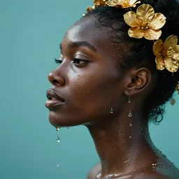hyperrealistic precisionist cinematic profile super expressive! black oshun goddess, in water! up to shoulders, mirror dripping droplet!, gold flowers, highly detailed face, digital art masterpiece, smooth eric zener cam de leon, dramatic pearlescent turquoise light on one side, low angle uhd 8 k, shallow depth of field
