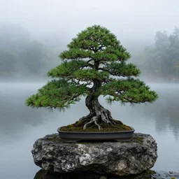 fhoto bonsai fir on a small rough rock in lake, refle, fog, medium shot, volumetric lighting, beautiful, sharp focus, ultra detailed, cgsociety by leesha hannigan, ross tran, thierry doizon, kai carpenter, ignacio fernandez rios, noir art house, 4 k, 3 5 mm, fujifilm