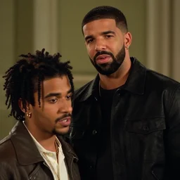 cinematic film still of Drake starring in a Steven Spielberg film as Bad Bunny, candid photo, 1999, shallow depth of field, photograph, epic lighting