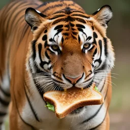 a tiger eating a toasted sanwich,photorealistic,detailed face,8k