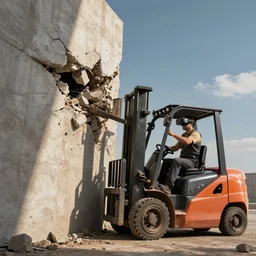 forklift operator with a vr headset breaking a wall