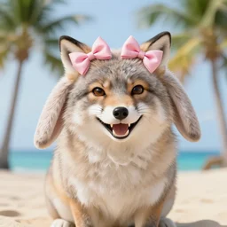 a photorealistic adorable chubby charming but vicious fennic fox wolf rabbit hybrid, long fuzzy fur, with long floppy rabbit ears, wearing bows on the top of its head, grinning at the camera with a mischievous look, sharp teeth, happy lighting, at a tropical beach