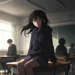 anime visual, portrait of a young black haired girl wearing hoodie sitting on the table in the school classroom cute face by yoh yoshinari, katsura masakazu, dramatic lighting, dynamic pose, dynamic perspective, strong silhouette, ilya kuvshinov, moody, detailed