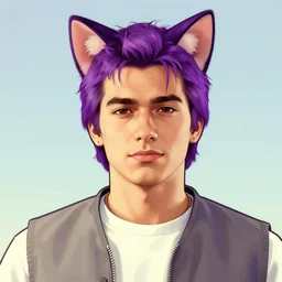 A young man with cat ears and purple hair in GTA V, cover art by Stephen Bliss, artstation