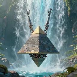 the mysterious pyramid mechanical entity hanging upside down in the dream waterfall wonderland floats in the early air. mysteries, simple by victo ngai, kilian eng and jake parker, anton fadeev, 2 d, close up