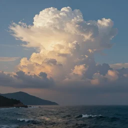 massive cumulonimbus clouds at sunrise where the sea mountains meet the tumultuous sea. in the style of a surreal and sublime oil on canvas masterpiece mural painting by the great masters, awesome and inspiring detail, unreal engine, 4 k, matte finish