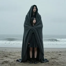 glitch girl and very very tall monster wrapped in a blanket looks into the distance on the beach, in the rain, style of hiroshi sugimoto, atmospheric by william morris w 7 0 4