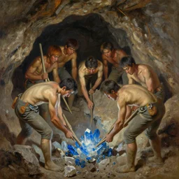 portrait of group miners pepe digging deep cave trying to find blue crystals, an oil painting by ross tran and thomas kincade