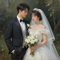 a oil painting of the marriage between a modern god and a modern goddess in the style of slice of life anime Photorealistic HD 8k highlights and shadow detailed High Resolution