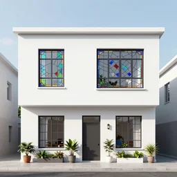digital render of a white multi storey house. windows are stained glass voroni pattern. plants in pots both sides door. architectural render.