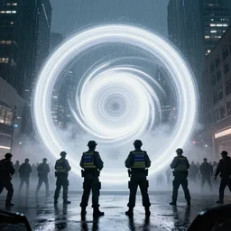 policemen protecting a huge spiral - shaped bright luminous attractor right in the center of the city from protesting people,, rain and light fog, professional lighting, concept art in 3 d, high detail, professional lighting