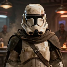 star wars film still, closeup portrait of a dirty sand trooper bounty hunter wearing a hooded cloak, standing in a cantina, dust, scum and villainy, rim light, embers, hyper detailed, smooth, high contrast, concept art, gta v, volumetric lighting, ralph mcquarrie, doug chiang, ryan church