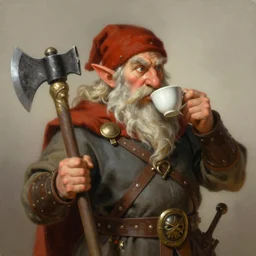 Portrait of a dwarf warrior, holding an axe and drinking coffee, by Alex Ross