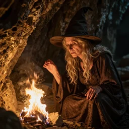 old witch looking into a flame in a cave, golden glow, high detail