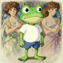 coherent, frog - headed kid, green head, t - shirt and shorts, studio ghibli, pixar and disney animation, sharp, disney concept art watercolor illustration by mandy jurgens and alphonse mucha and alena aenami, pastel color palette, dramatic lighting, highly detailed