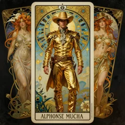 a dramatic ethereal epic symmetrical painting of a handsome cowboy in an  gold outfit | tarot card, art deco, art nouveau,  (steampunk), homoerotic, realistic | by Mark Maggiori and ((((Alphonse Mucha))) | trending on artstation