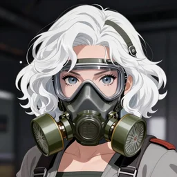 a anime woman wearing gas mask, white curly hair, by krenz cushart