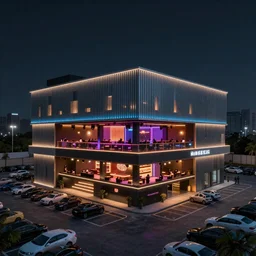 wide angle shot of an underground night club with three levels which is located two floors underground in the parking a lot of a very stylish hotel, with minimal hip - hop lighting design, hyper realistic, octane render, award winning image