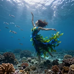 woman dancing underwater wearing a flowing dress made of blue and green seaweed, rough coral sea bottom, swirling silver fish in the background, octane render, caustics lighting from above, cinematic