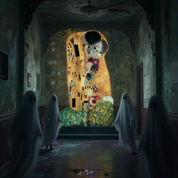 interior of a haunted school corridor with ghots around, art style by kim jung gi karl marx greg rutkowski klimt and nixeu, au naturel, hyper detailed, digital art, trending in artstation, behance, deviantart, houdini