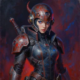 portrait of apocalyptic demonic spacemarine girl!!!, cool pose, dark vibrant colors, futuristic cyberpunk fashion, oil painting by peter andrew jones art, sharp focus, realistic, rusty helmet, blue eyes 8 k