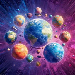 the multiverse as a big number of spheric worlds on a peg - top, mattepainting concept blizzard pixar maya engine on stylized background splash comics global illumination lighting artstation lois van baarle, ilya kuvshinov, rossdraws