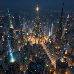 magical city of the Great Tartarian Empire adorned with amazing lost technology, lights resembling fireflies, spires from rooftops collecting and distributing etheric energy, cityscape seen at night from above, combining intense detail & utmost quality, very complex, very coherent, bioluminiscent creatures by Christian Hecker, Artstation, - H 832