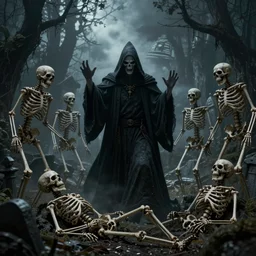 a necromancer surrounded by skeletons raised from the dead in a spooky graveyard, horror, photorealistic, fantasy art, Larry Elmore, Jeff Easley, Frank Franzetta