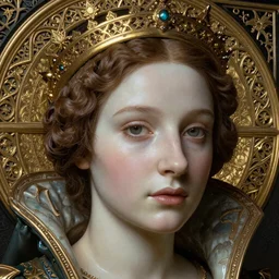 detailed realistic beautiful young medieval queen face portrait by jean delville, georges de la tour, and marco mazzoni, art nouveau, symbolist, visionary, gothic, preraphaelite, realistic smooth polished porcelain, ultrasharp hyperdetailed photorealistic octane render, ornate gothic icon with heavy patina
