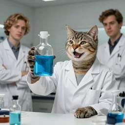 an happy chartreux dressed as a scientist examining a modern transparent little bottle filled with vivid blue iridescent liquid, art highly detailed, by frank frazetta, keith parkinson and greg rutkowski and aleksandra skiba, concept art,
