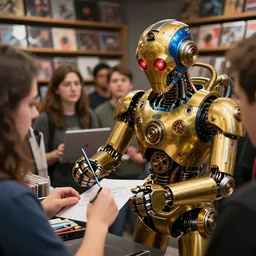 photo of an autograph session of a golden and blue metal humanoid steampunk robot with gears and tubes, robot gives autographs to people, surrounded by many people, eyes are glowing red lightbulbs, shiny crisp finish, 3 d render, 8 k, insaneley detailed, background is in a record store,