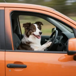 border collie dog in the driver's seat of an orange nissan note, paws on wheel, car moving fast