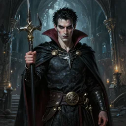 A mixed media portrait painting of a fantasy vampire as a Sorcerer in a atmospheric dark fortress, unreal 5, DAZ, hyperrealistic, octane render, RPG portrait, ambient light, dynamic lighting