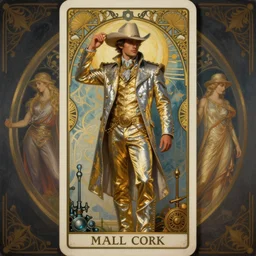 a dramatic ethereal epic symmetrical painting of a !handsome! cowboy in a shimmering! silvery! ((golden)) outfit | tarot card, art deco, art nouveau,  (steampunk), homoerotic, realistic | by Dresden Codak, by Mark Maggiori and ((((Alphonse Mucha))) | trending on artstation