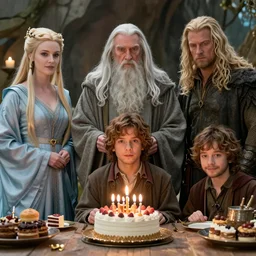 gandalf birthday party with frodo, legolas and galadriel