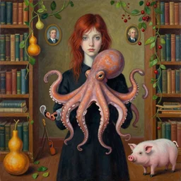 tall emo female artist holding an octopus, in a library, books, small portraits, gourds, berries, vines, pigs, xylophone, acrylic on canvas, surrealist, by magritte and monet