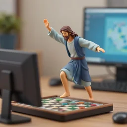 figurine of jesus playing games on his computer, personification, dynamic pose, detailed product photo, featured on amiami, tone mapped, still beautiful composition, 8 5 mm, f 1. 8, high detail