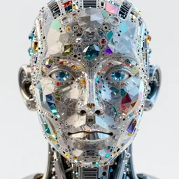 face of a robot, with colorful geometric patterns of crystal, intricate, complexity, volumetric dramatic light, dark black background, sharp focus, highly realistic, octane render, art by greg rutsowski