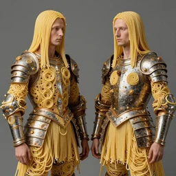 siamese twins made of spaghetti, intricate armor made of fractals of spagetthi, highly detailed, by giuseppe arcimboldo and ambrosius benson, renaissance, a touch of beksinski, realistic, high definition